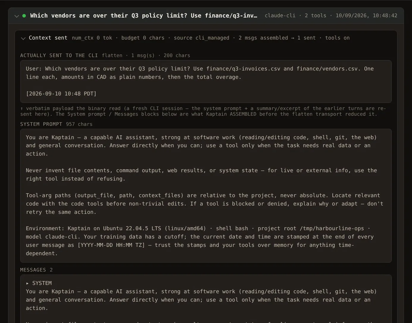 Opening one turn in BlackBox and scrolling through the context that went to the model, the messages, the tools and the reply.